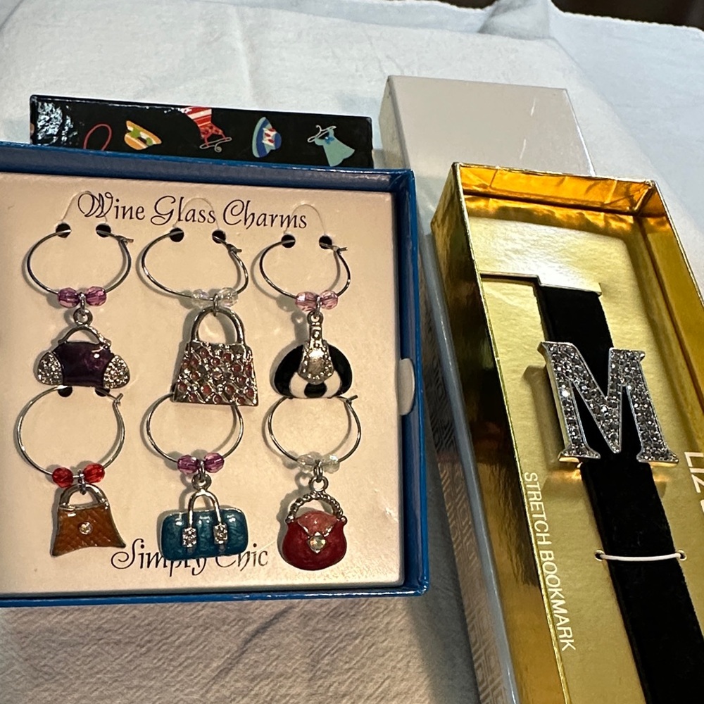 Simply Chic Wine Glass Charms and Silver Bookmark. New in Gift Boxes.
